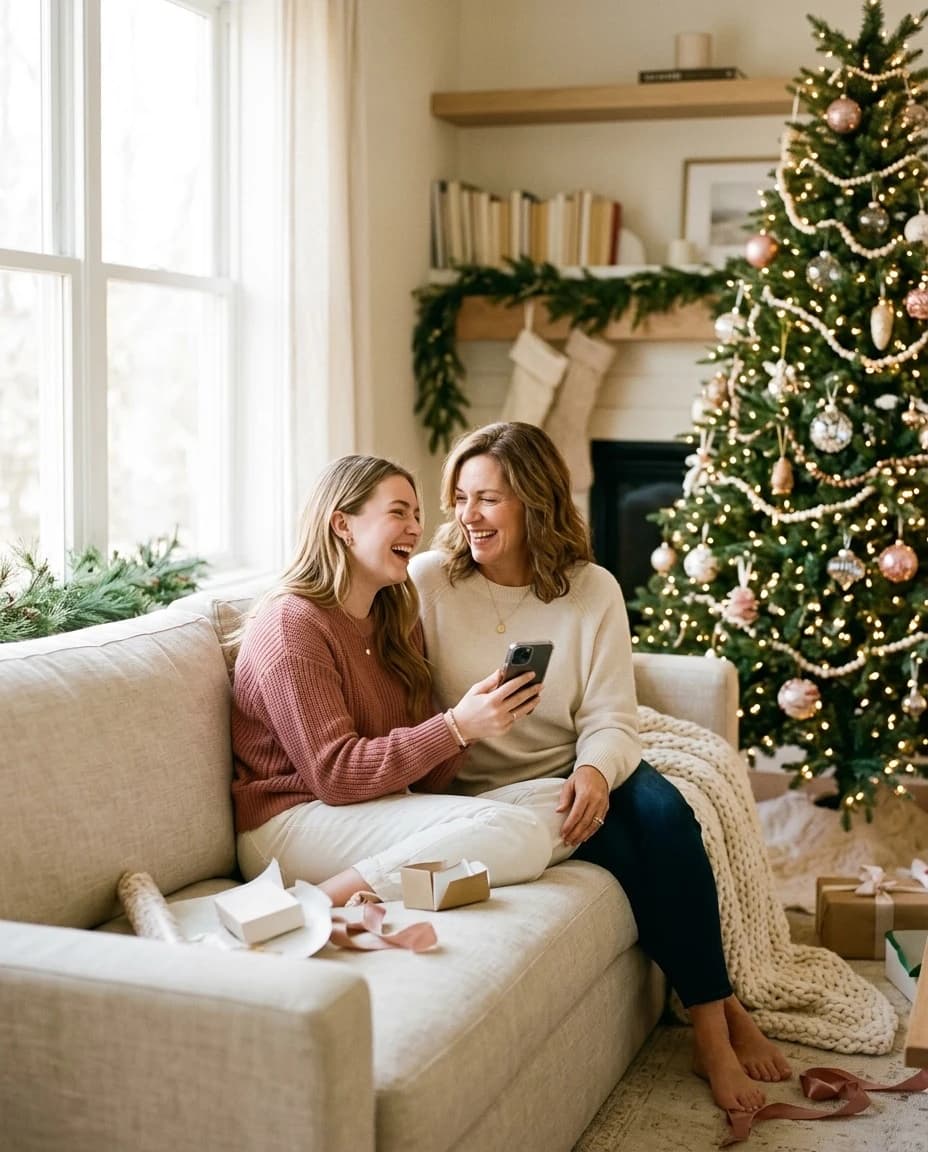 A mother and daughter laughing together on a sofa on Christmas morning, listening to something on a phone beside the tree