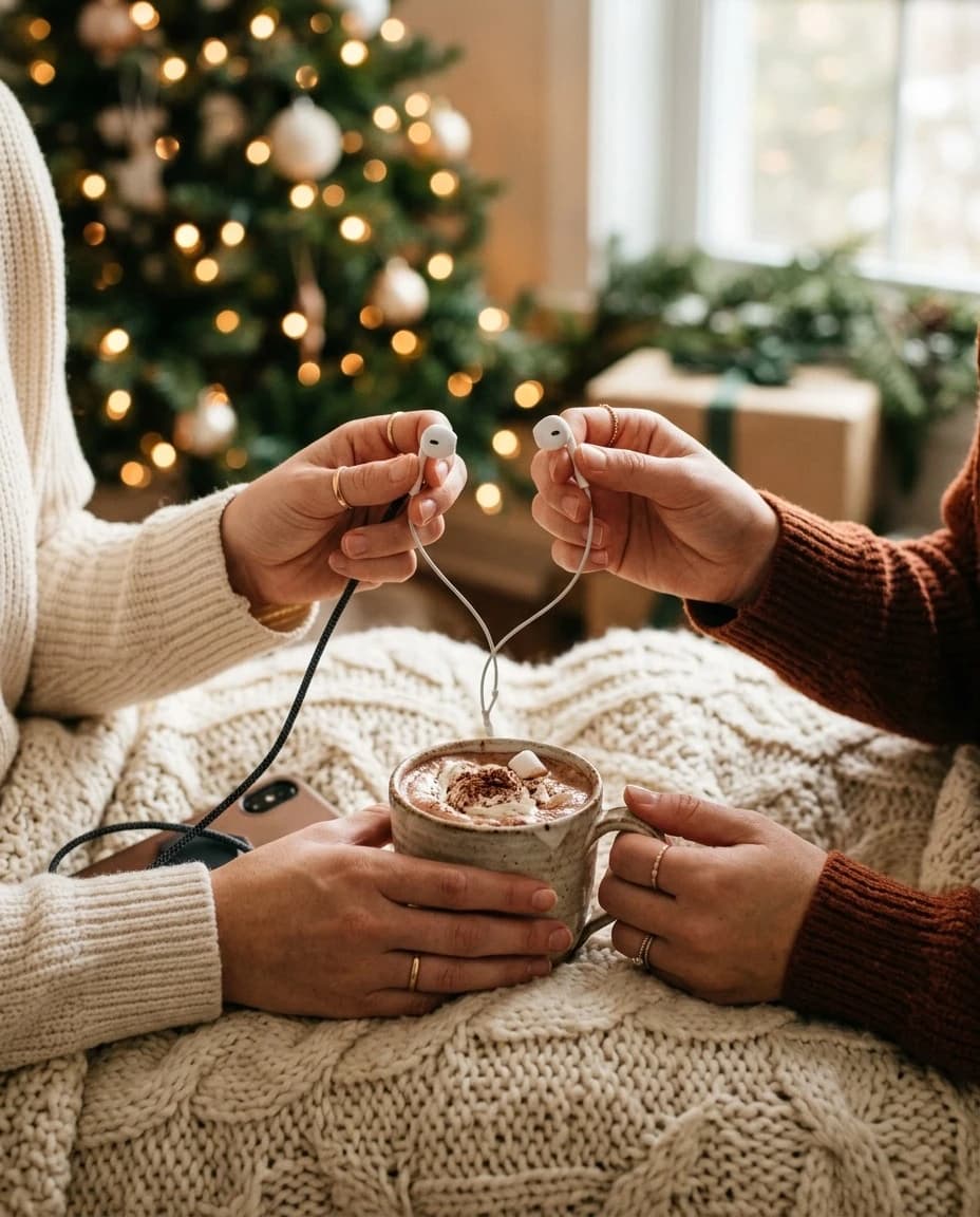 Two people sharing a pair of earbuds over a mug of cocoa in front of a Christmas tree