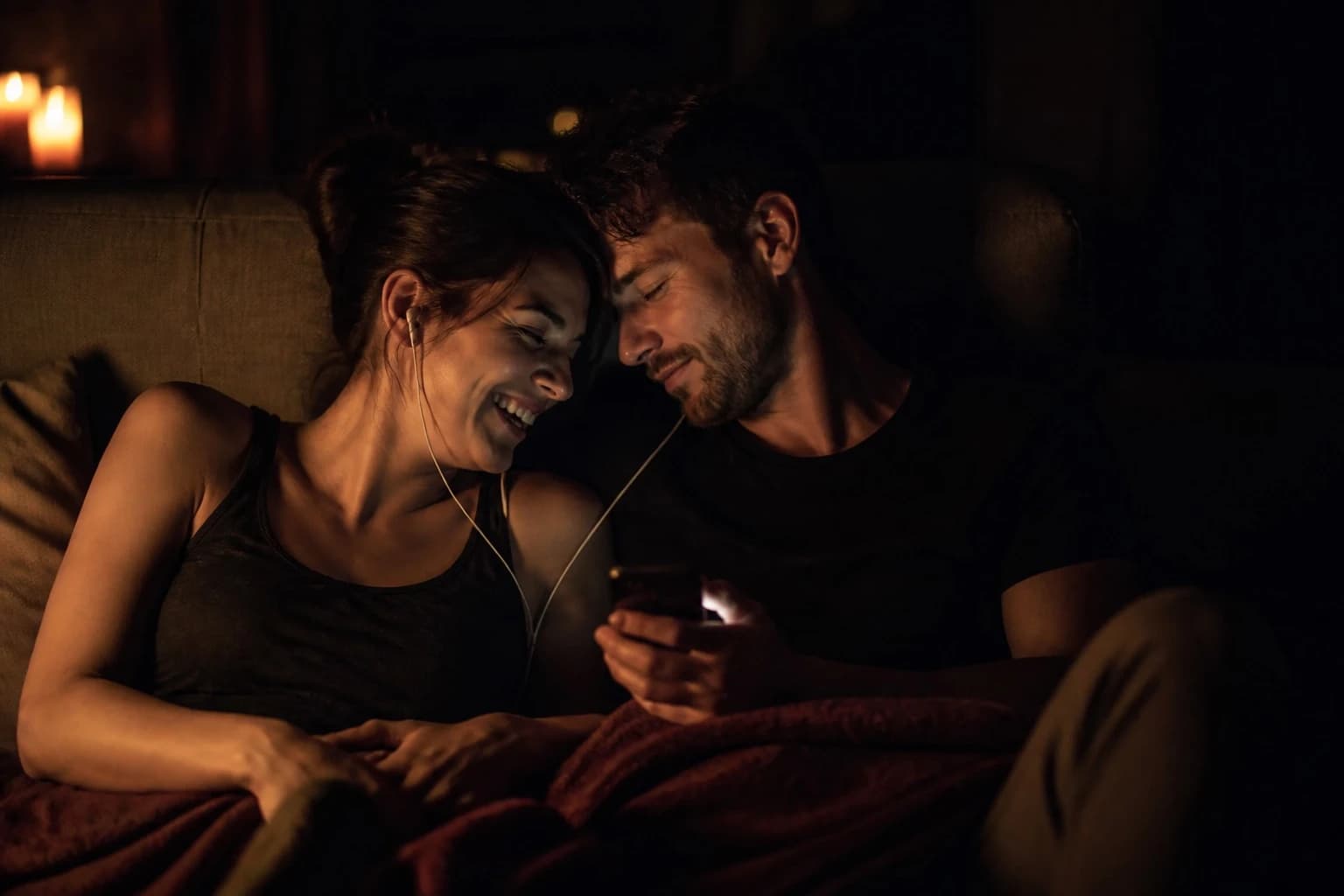 A couple sharing a pair of earbuds by candlelight, laughing